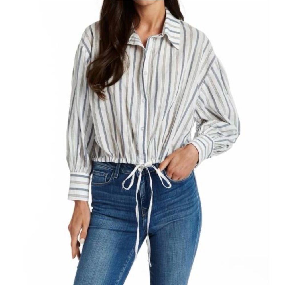 DREW Blue & White Striped Linen Blend Button Front Top  Cropped Drawstring Shirt